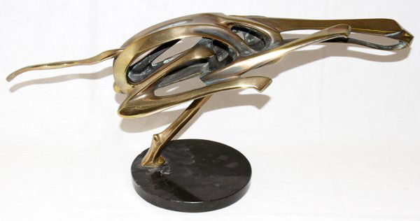 BOB BENNETT (1928-2003), BRONZE SCULPTURE,: BOB BENNETT (1928-2003), BRONZE SCULPTURE, #28/100, 1986, H 9 1/2", L 23", 'CHEETAH':Abstract sculpture of a running animal. H 9 1/2", L 23", Signed B.B. Bennett, dated 1986. Bob (Robert) Bennett, Ame