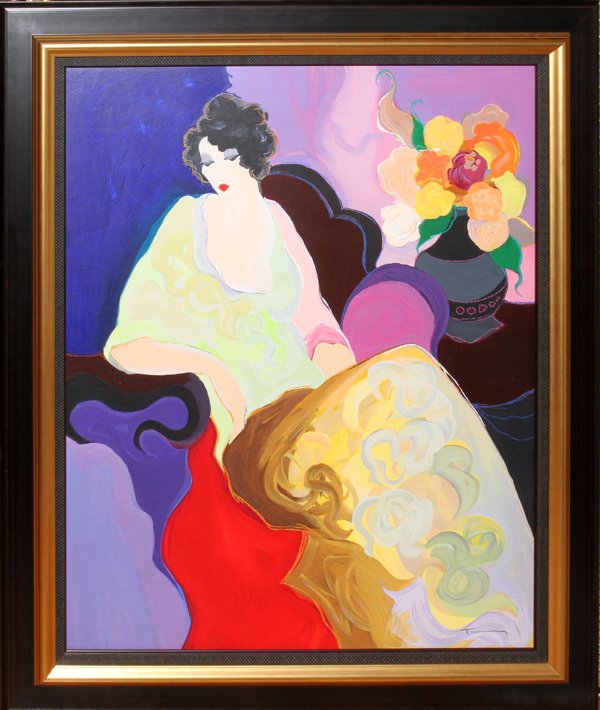 ITZCHAK TARKAY (1935-), ACRYLIC ON SERIGRAPH: ITZCHAK TARKAY (1935-), ACRYLIC ON SERIGRAPH, 39" X 27", SEATED WOMAN AND FLOWER VASE:Acrylic over serigraph in color on linen, signed lower right in black crayon, number 78/150, framed. Itzchak Tarka