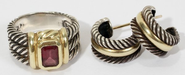 DAVID YURMAN STERL. & 14KT GOLD RING & EARRINGS: DAVID YURMAN STERLING & 14KT GOLD RING & PAIR OF EARRINGS:All are marked "D. Yurman 925 585". Ring size is 6 1/2; total weight is approximately 15 grams.