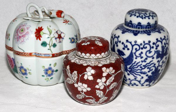 CHINESE CLOISONNÉ & PORCELAIN TEA CADDIES,: CHINESE CLOISONNÉ & PORCELAIN TEA CADDIES, THREE, H 4"-5 1/2": From the collection of Oliver T. Weidokal, Birmingham, Mi.