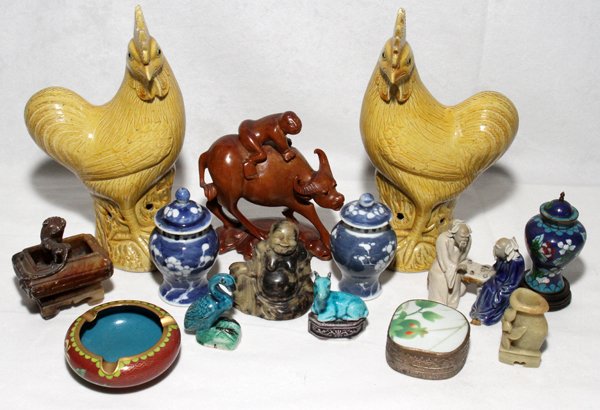 CHINESE PORCELAIN, WOOD & SOAPSTONE ACCESSORIES: CHINESE PORCELAIN, WOOD & SOAPSTONE ACCESSORIES, 14 PIECES:Chinese porcelain roosters, 9", pair; wood carving of water buffalo, 5 1/2"; cloisonné, soapstone etc. From the collection of Oliver T. Weid