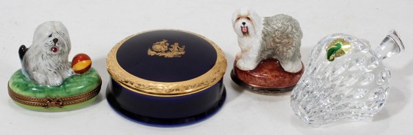 LIMOGES & HALCYON DAYS, & WATERFORD STRAWBERRY: LIMOGES & HALCYON DAYS BOXES, AND WATERFORD STRAWBERRY:Four pieces. Limoges box with old English sheep dog L 2.5", Limoges cobalt blue round covered box Dia 3 1/4", English porcelain and enamel box by