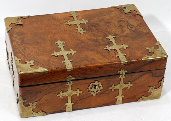 VINTAGE ENGLISH BURL WALNUT LAP DESK,: VINTAGE ENGLISH BURL WALNUT LAP DESK, H 5", L 19", D 9":Featuring brass strapping and corners. The opened desk reveals a tooled leather writing surface two ink bottles with brass screw tops, writing u