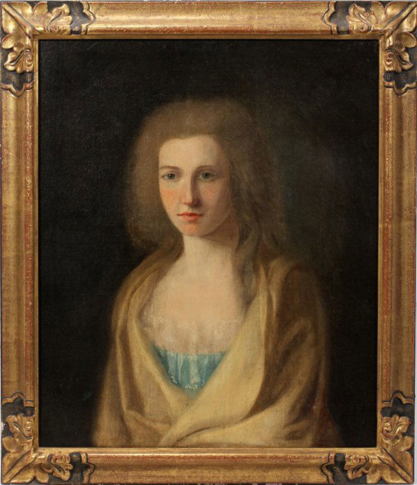 OIL ON CANVAS PORTRAIT OF A YOUNG GIRL, 28" X: OIL ON CANVAS PORTRAIT OF A YOUNG GIRL, C. 1850-1880, 28" X 24":Unsigned; modern wood frame; Michaels, Detroit label on verso