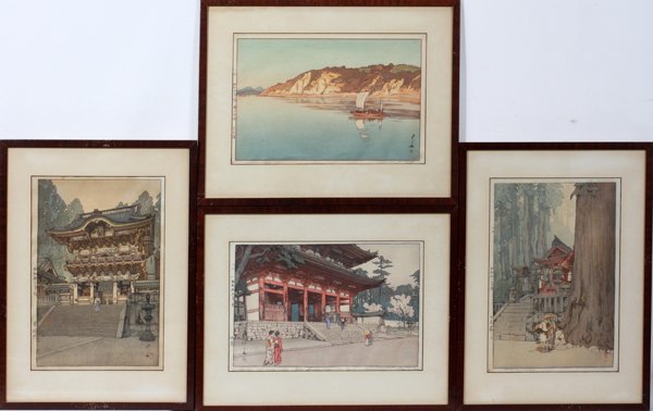 HIROSHI YOSHIDA WOODBLOCK PRINTS, 4, 15" X 10": HIROSHI YOSHIDA (JAPANESE 1876-1950), WOODBLOCK PRINTS, 4, 15" X 10":Pagoda & water scenes. Pencil signed, titled, matted & framed under glass.