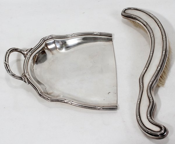 SAGLIER FRERES, SILVER PLATE CRUMBER & BRUSH: SAGLIER FRERES, FRENCH SILVER PLATE CRUMBER AND BRUSH, EARLY 20TH C.:Ribbon and reed design.