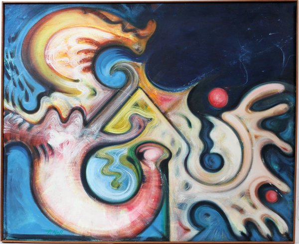 TIM HALL, CONTEMPORARY OIL ON CANVAS, 40" X 49": TIM HALL, CONTEMPORARY OIL ON CANVAS, 40" X 49", ABSTRACT:Signed lower left; framed.