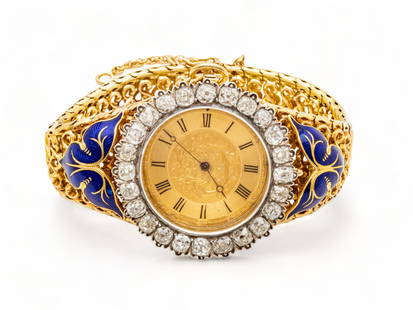 Perret Geneve (Swiss) Diamond, Enamel, 14 Kt Yellow Gold Lady's Revolving Watch, L 7" Dia. 1.5": Perret Geneve (Swiss) Diamond, Enamel, 14 Kt Yellow Gold Lady's Revolving Watch, L 7" Dia. 1.5" | Having diamond encrusted bezel with button mechanism opening to reveal removable pocket watch