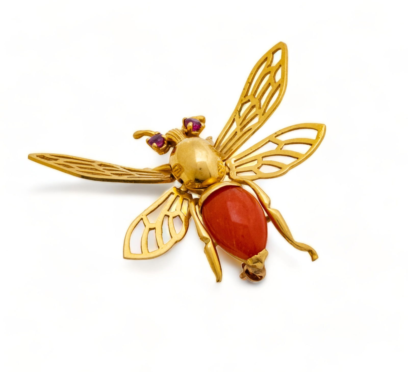 Honey Bee Brooch, 18K, Rubies, Coral L 1.5" 7.2g (1 of 5)