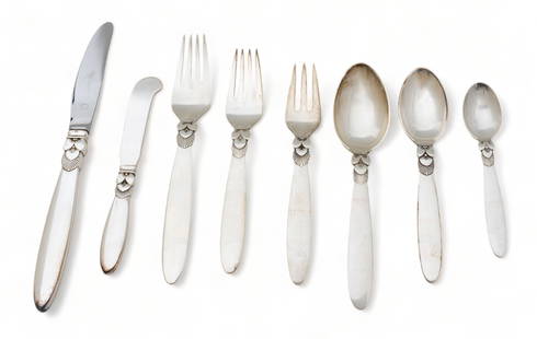 Georg Jensen (Danish) 'Cactus' Sterling Silver Flatware Set, 105 pcs: Georg Jensen (Danish) 'Cactus' Sterling Silver Flatware Set, 105 pcs | Including: 6 dinner knives, 12 dinner forks, 12 dessert forks, 13 salad forks, 12 large spoons, 13 teaspoons, 13 butter knives, 4