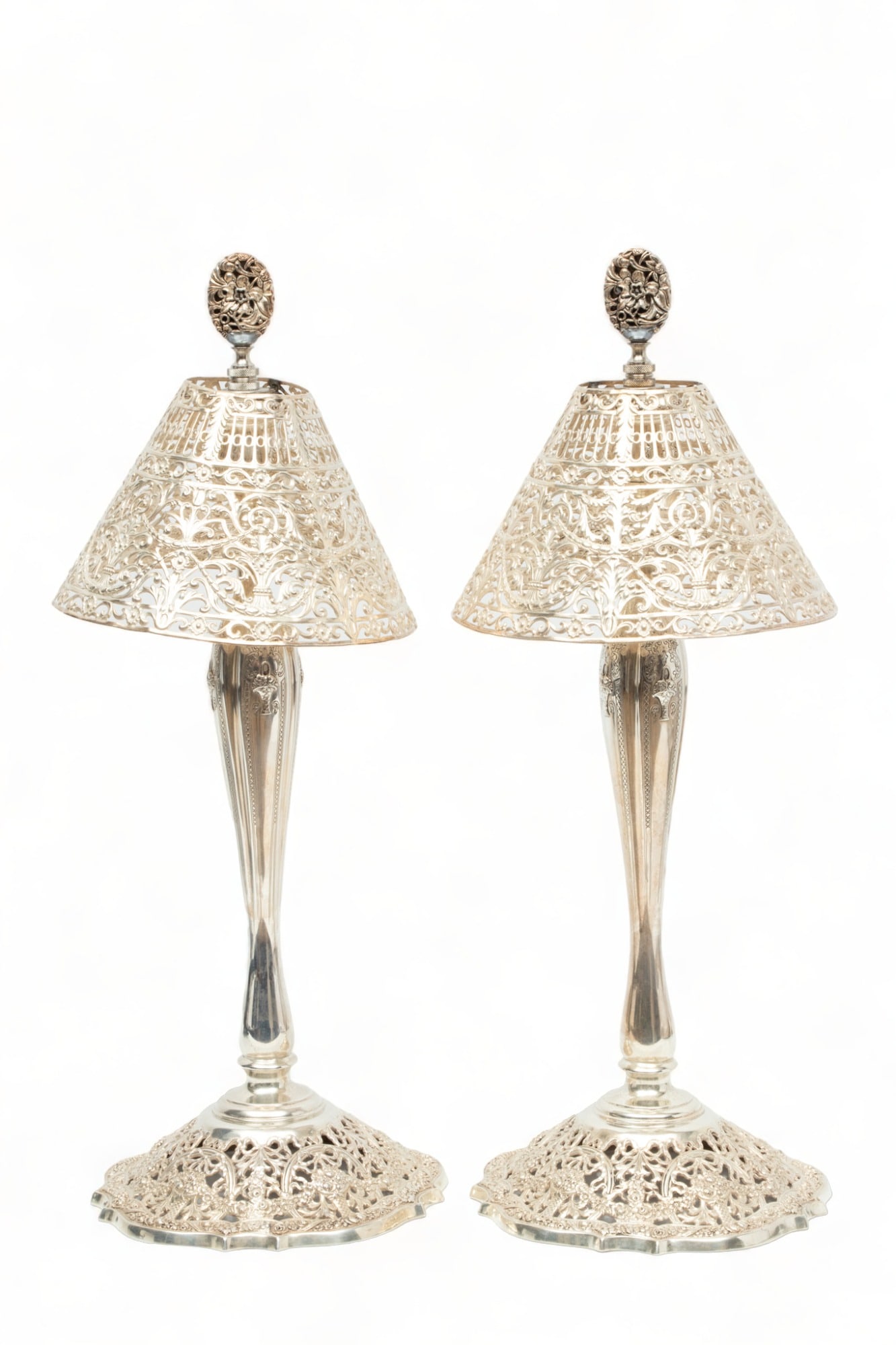 Shreve & Co. Sterling Silver Candlesticks H 14.5" + 2 Reticulated Silver Shades 4.5" X 7" (1 of 4)