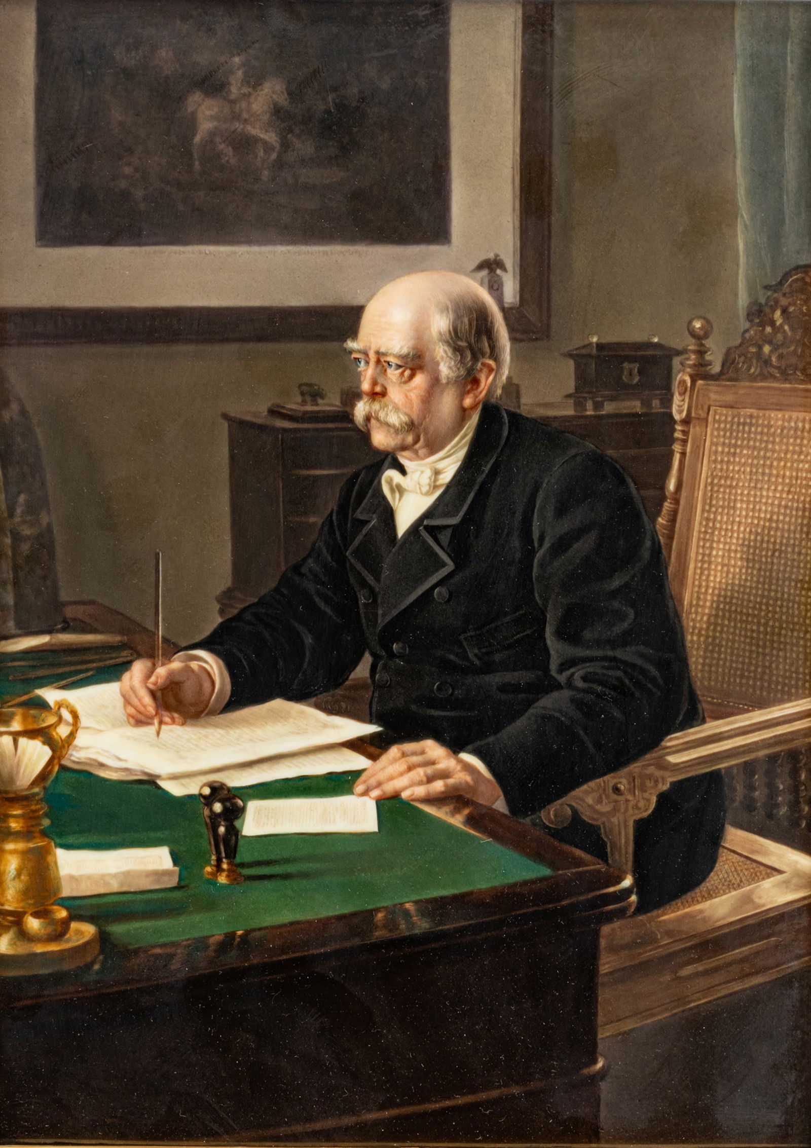 Berlin KPM Porcelain Plaque Ca. 1890, "Prince Otto Von Bismark in His Study", H 12" W 9" (1 of 9)