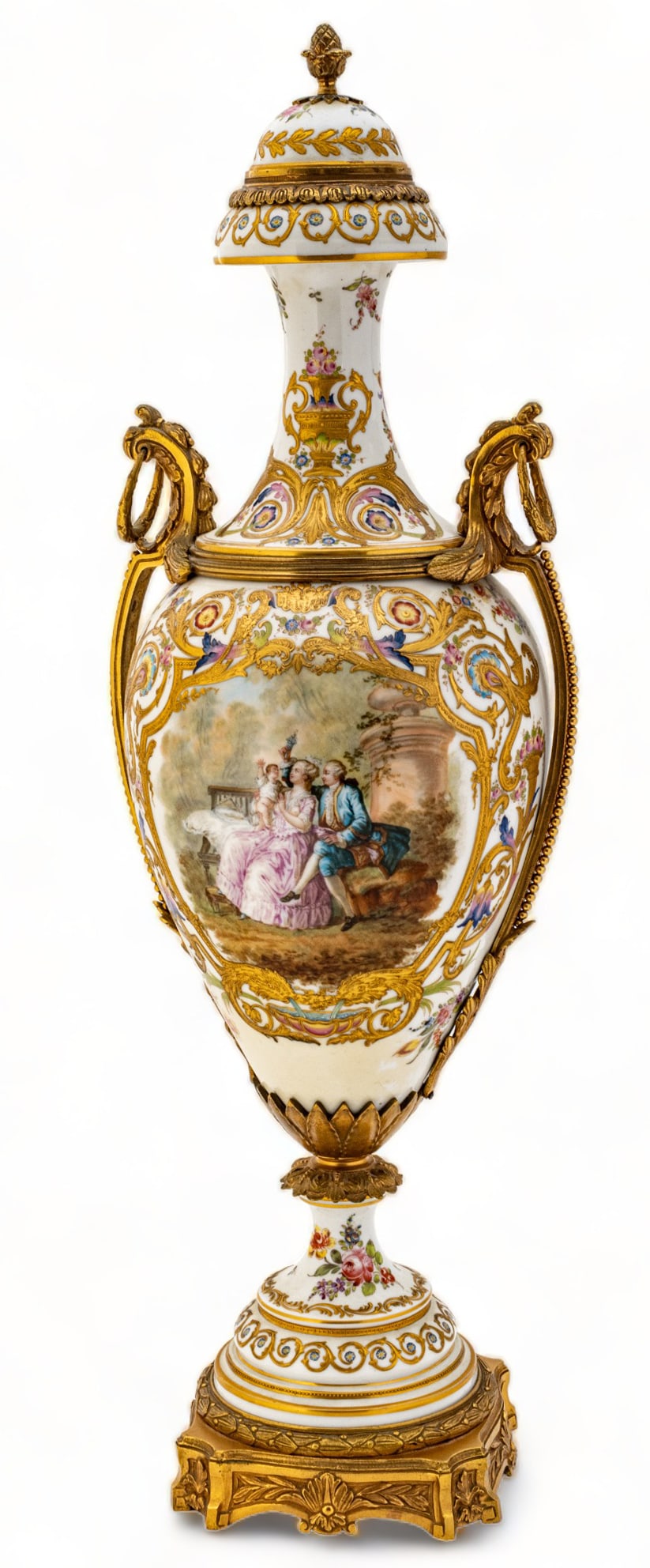 Sevres (French) Gilded And Ormolu Mounted Porcelain Covered Urn Ca. 1900, H 30" Dia. 10" (1 of 10)
