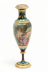 Royal Vienna Porcelain (Austrian) Porcelain Vase, Signed Wagner Ca. 1900, "Joy And Innocenz", H 9": Royal Vienna Porcelain (Austrian) Porcelain Vase, Signed Wagner Ca. 1900, "Joy And Innocenz", H 9" | Very fine Royal Vienna cabinet vase on a spreading rim foot with hand painted body depicting two yo