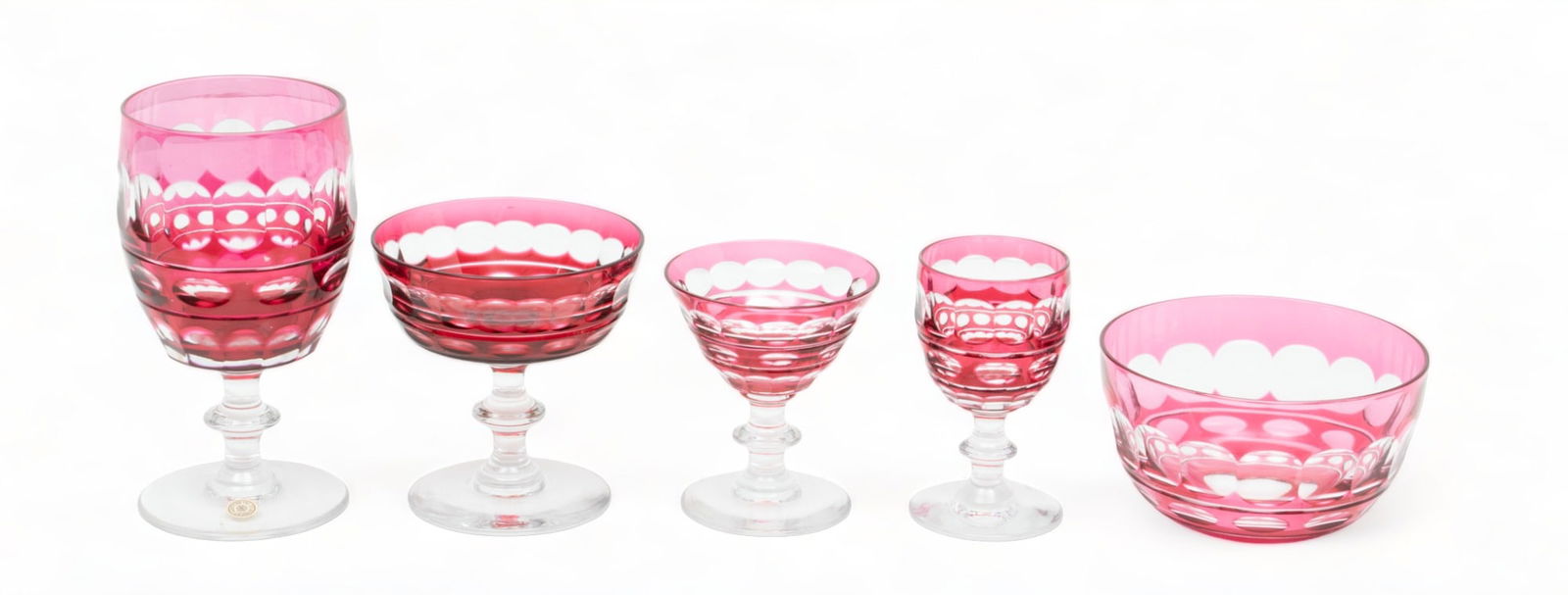 Val Saint-Lambert (Belgian) 'Blarney Ruby' Crystal Stemware & Finger Bowls, H 2.5" Dia. 4.5" 55 pcs: Val Saint-Lambert (Belgian) 'Blarney Ruby' Crystal Stemware & Finger Bowls, H 2.5" Dia. 4.5" 55 pcs | the lot includes 11 finger bowls (H 2.5" X DIA 4.5"), 5 port wine glasses (H 3.75" X DIA 2"), 6 wi