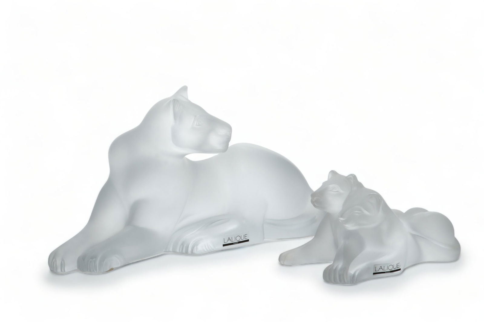 Lalique (French) 'Simba' & 'Tambwee' Frosted Crystal Figurines, H 5.75" W 4" L 9.75" 2 pcs (1 of 6)