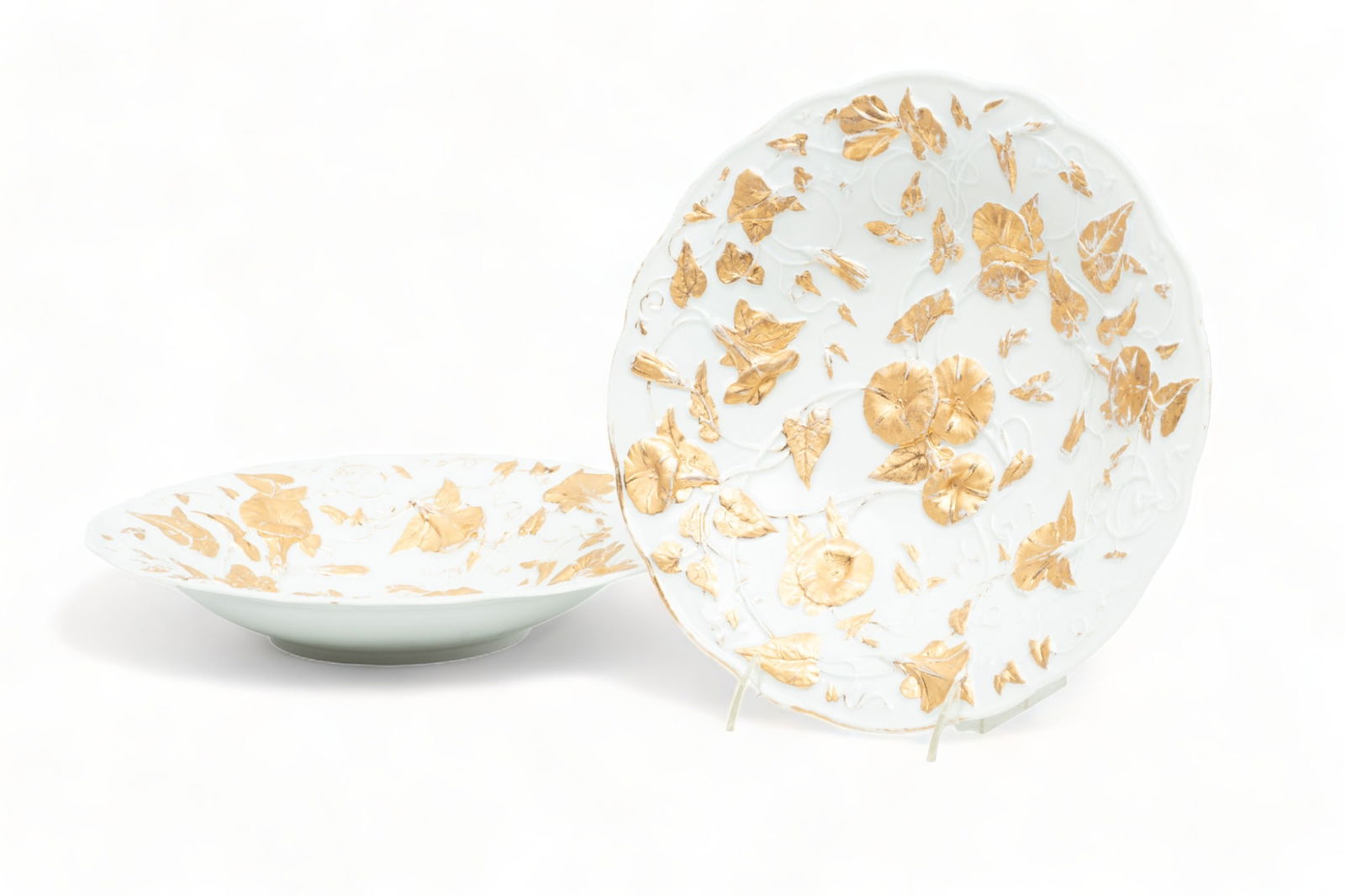 Meissen (German) 18k Fired Gold Porcelain Shallow Bowls, Lily Motif, Ca. 1920, 2 pcs (1 of 3)