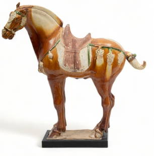 Chinese Tang Dynasty (&#21776;&#26397;) Style Polychrome Earthenware Sancai Ferghana Horse, 8th: Chinese Tang Dynasty (??) Style Polychrome Earthenware Sancai Ferghana Horse, 8th C.E., H 19.25" W 6.25" L 20.5" + Rosewood Display Cabinet | Having a calm demeanor with round eyes and is adorned with