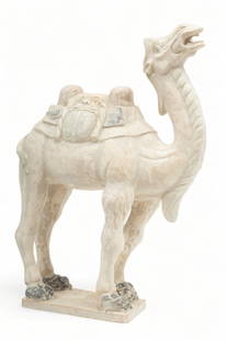Chinese Tang Dynasty (唐朝) Style Earthenware Bactrian Camel Sculpture H 21.75" W 7" L: Chinese Tang Dynasty (唐朝) Style Earthenware Bactrian Camel Sculpture H 21.75" W 7" L 16.5" | Polychrome with distressed finish. Eyes wide open, its mouth open and hissing, and it stands