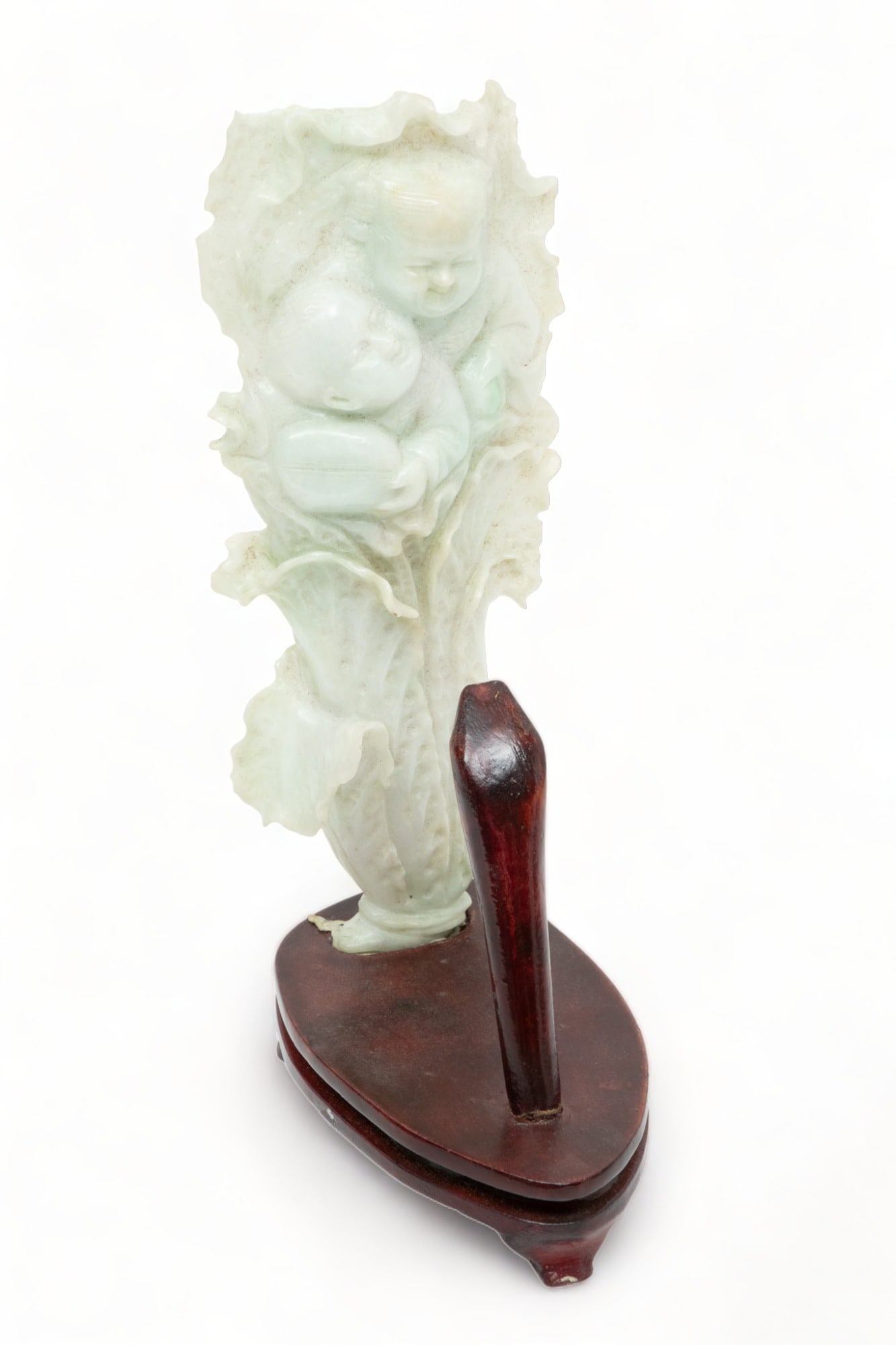 Chinese Jade Carved Leaf Form with Two Figures, Light Green H 5.7" (1 of 6)