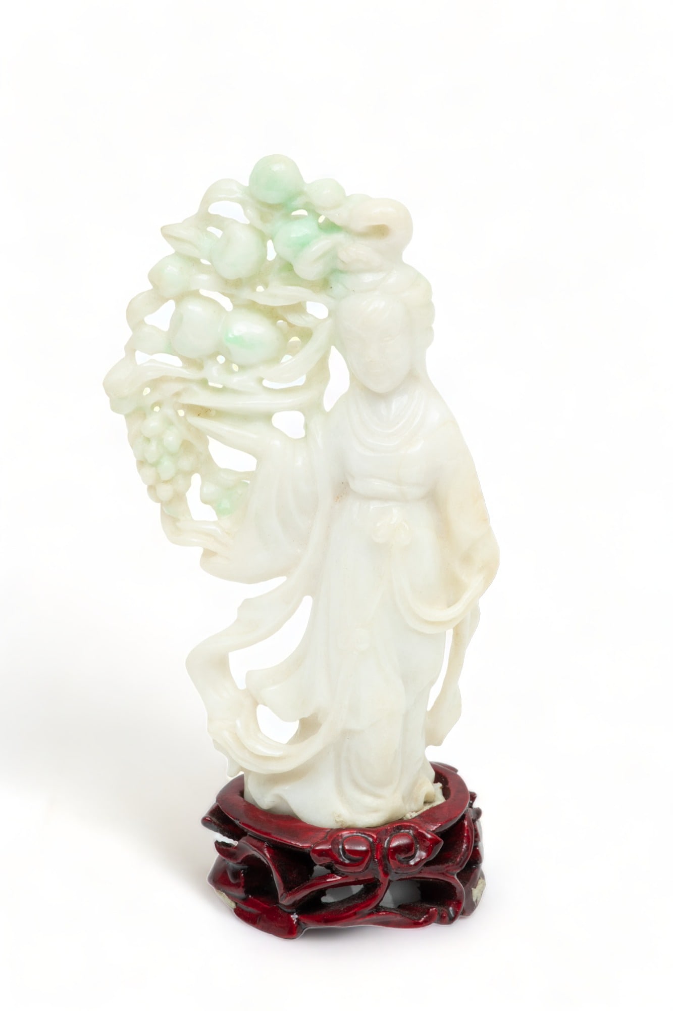Chinese Jade Carved Quan Yin with Grape Bunch And Other Fruits, White to Pale Green H 5" (1 of 6)