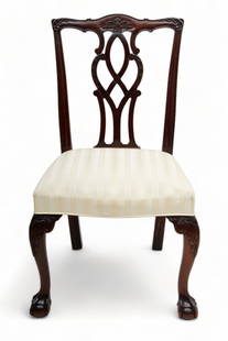 Kindel Furniture Company Chippendale Style Mahogany Side Chair, Ca. 1985, H 36.5" W 22" Depth 21": Kindel Furniture Company Chippendale Style Mahogany Side Chair, Ca. 1985, H 36.5" W 22" Depth 21" | Hand carved frame with pierced splat with ball and claw cabriole legs. Ivory upholstery. Provenance: