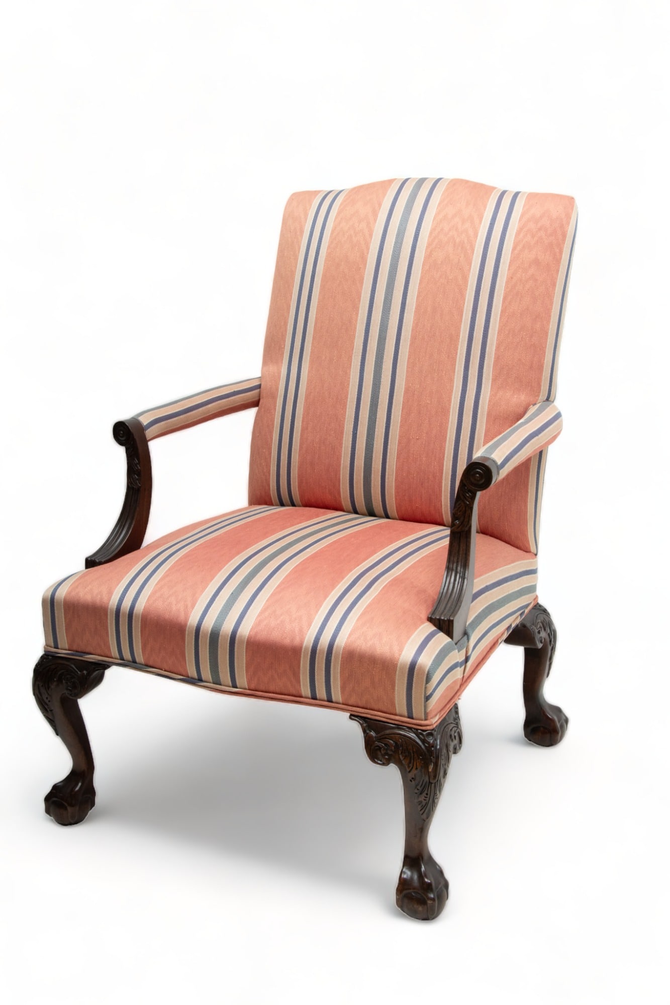 Chippendale Style Mahogany Armchair, Ca. 20th C., H 39.5" W 28.5" Depth 28": Chippendale Style Mahogany Armchair, Ca. 20th C., H 39.5" W 28.5" Depth 28" | Carved scrolling arms with four carved acanthus leaf with ball and claw legs. Striped upholstery. No apparent labels. Prov