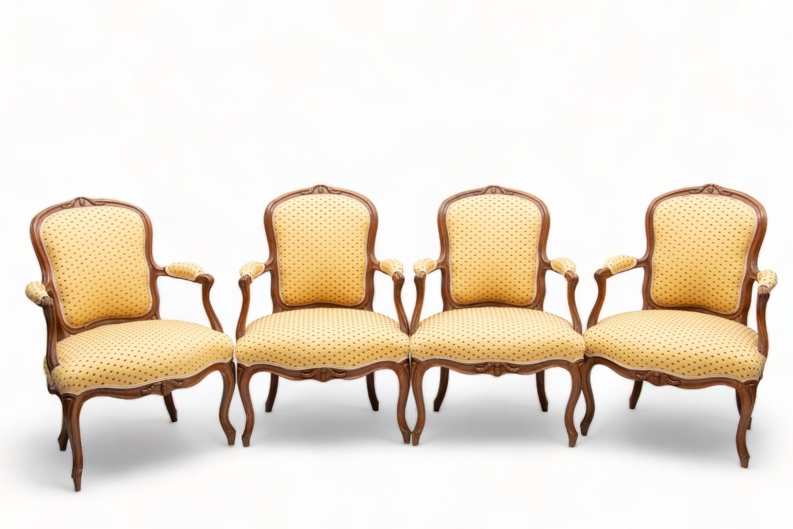 French Louis XV Style Upholstered Open Arm Chairs, H 34" W 24" Depth 24" 4 pcs: French Louis XV Style Upholstered Open Arm Chairs, H 34" W 24" Depth 24" 4 pcs | Having yellow patterned upholstery. on scrolling legs.
