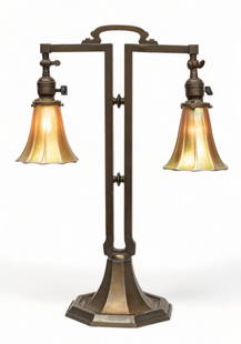 Handel Lamp Company Patinated White Metal Lamp Base with Steuben Gold Aurene Shades H 23" W 15": Handel Lamp Company Patinated White Metal Lamp Base with Steuben Gold Aurene Shades H 23" W 15" | Octagonal base with two part stem rising at right angles to support two adjustable shades. Shades are