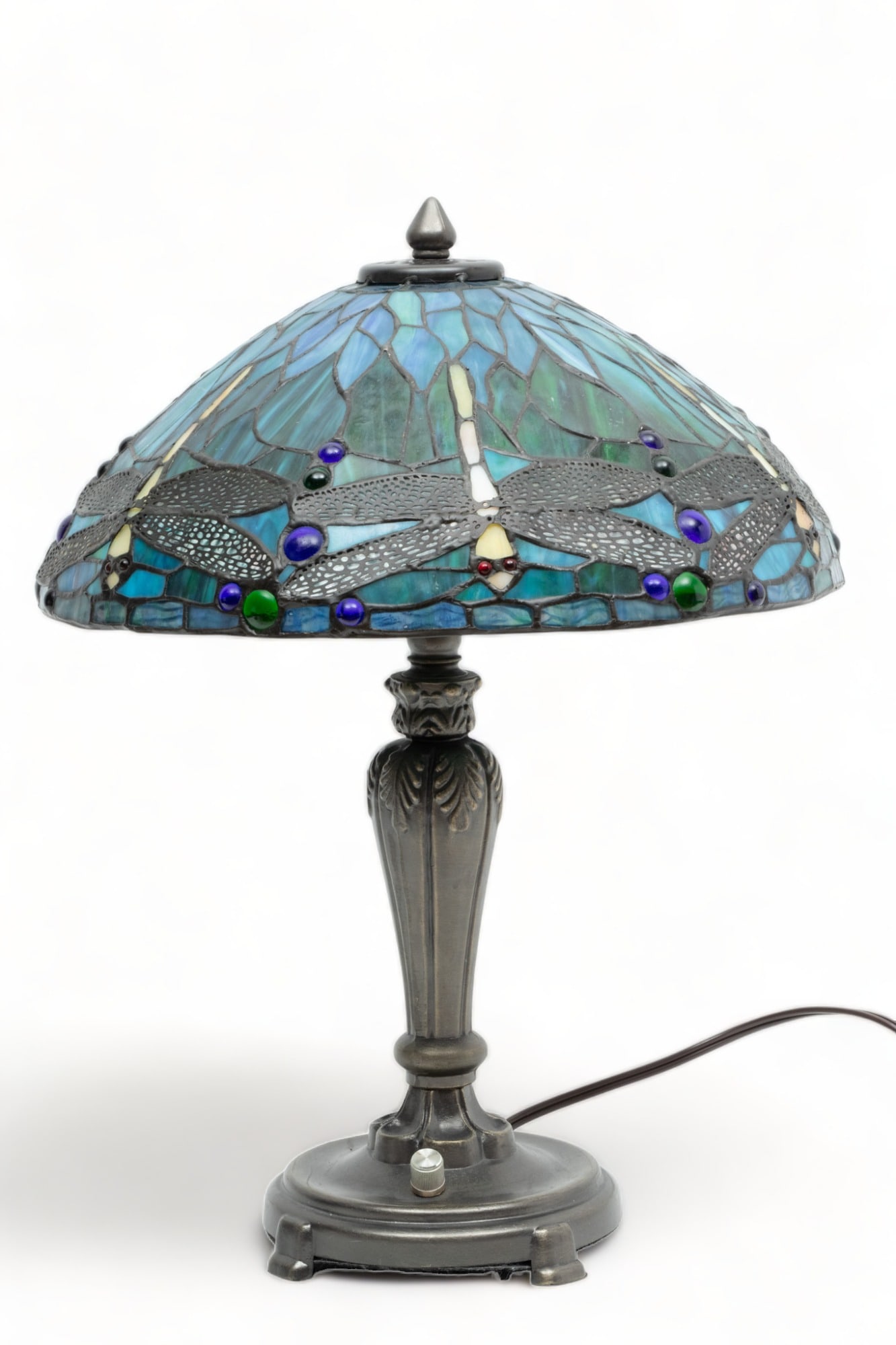 Dragonfly Style Blue Leaded Glass Table Lamp H 18" Dia. 14" (1 of 4)