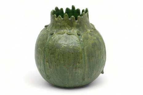 Ken Nekola for Ephraim Pottery (American) Ceramic Amaryllis Form Pot, H 9" W 8.5": Ken Nekola for Ephraim Pottery (American) Ceramic Amaryllis Form Pot, H 9" W 8.5" | the pot offers a large bulbous form rendered in Grueby faience style green glaze. Bearing signature branding to the