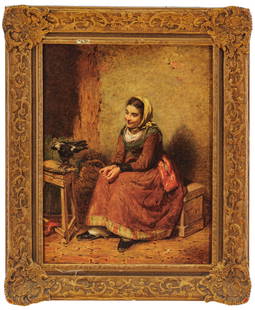 Italian School Oil on Canvas, Ca. 1871, Seated Woman with a Raven, H 18" W 13.75": Italian School Oil on Canvas, Ca. 1871, Seated Woman with a Raven, H 18" W 13.75" | Monogrammed "R" in the lower right and dated 1871. Depicting a seated woman holding a string that a raven holds in i