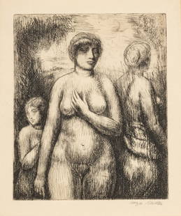 Kenneth Hayes Miller (American, 1876-1952) Etching on Paper, 1921, Figures in Landscape, H 6" W 5": Kenneth Hayes Miller (American, 1876-1952) Etching on Paper, 1921, Figures in Landscape, H 6" W 5" | Signed in pencil lower right, from the edition of 20 impressions, published by Associated American