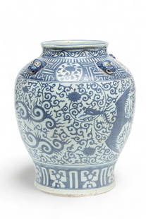 Chinese Ming Dynasty Style Blue And White Porcelain Jar, H 16" Dia. 12": Chinese Ming Dynasty Style Blue And White Porcelain Jar, H 16" Dia. 12" | Offering an array of traditional Chinese decorative motifs, including stylized floral patterns, phoenixes, scrollwork, and geo