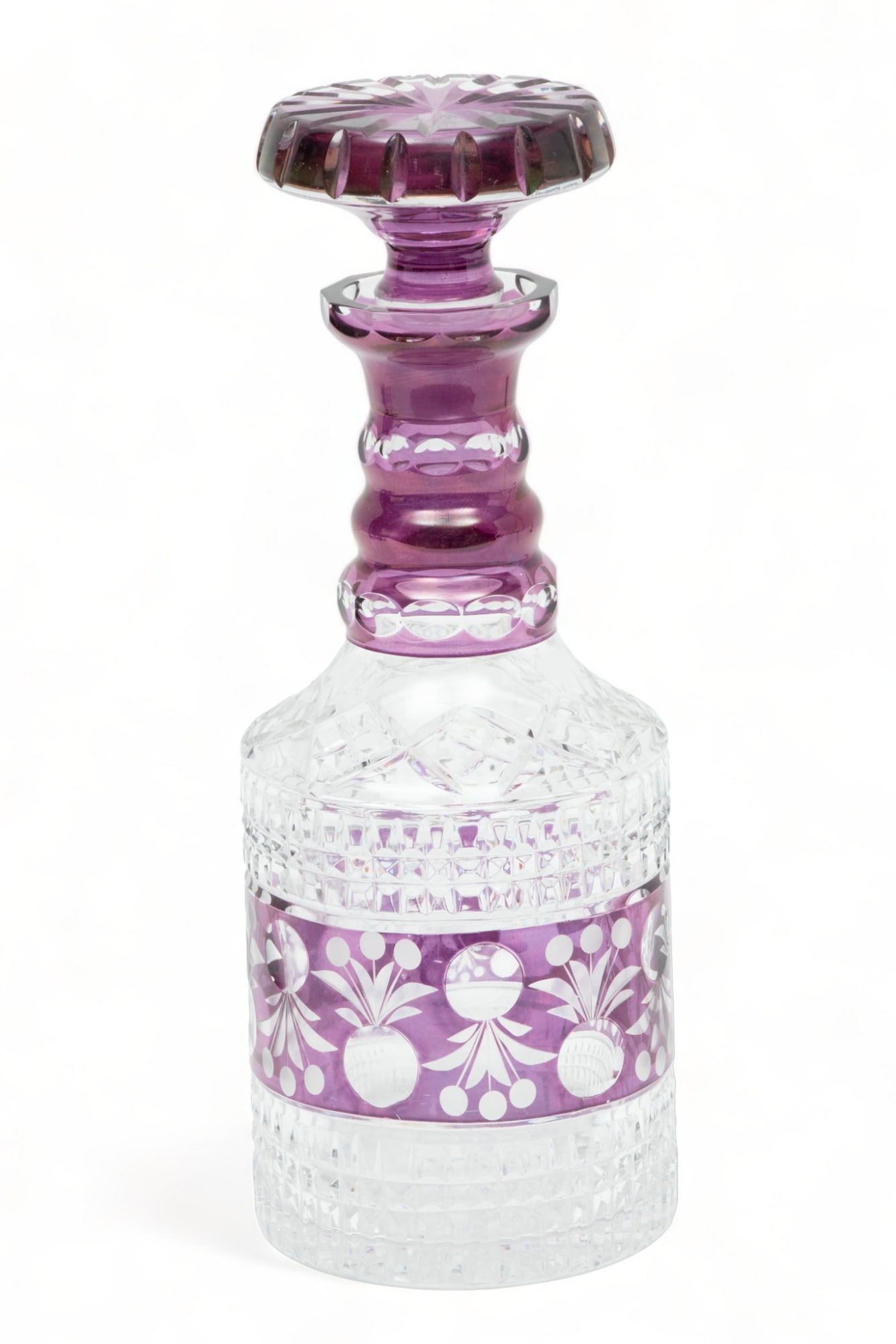 Czech Lavender Crystal Overlay Wine Decanter Ca. 1950, H 9": Czech Lavender Crystal Overlay Wine Decanter Ca. 1950, H 9" | Hand cut crystal. Provenance: Property of a Bloomfield Hills, MI private collector.