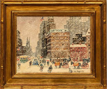 Guy Carleton Wiggins (American, 1883-1962) Oil on Canvas Panel, "Looking Down Fifth Avenue, from the: Guy Carleton Wiggins (American, 1883-1962) Oil on Canvas Panel, "Looking Down Fifth Avenue, from the Plaza, New York", H 14" W 18" | Signed lower right recto and titled, signed verso. Framed in a gilt