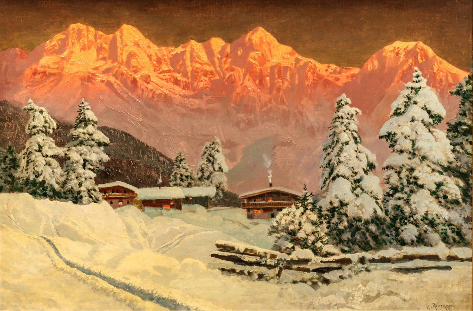 Alois Arnegger (Austrian, 1879-1967) Oil on Canvas, Mountain Snow Scene, H 24" W 36" (1 of 7)