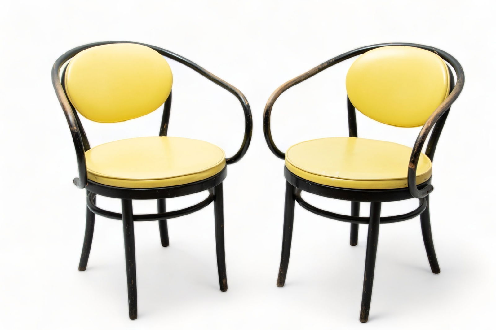 Le Corbusier for Thonet Bentwood Armchairs, Ca. 1960, H 31" W 23" Depth 18" 2 pcs: Le Corbusier for Thonet Bentwood Armchairs, Ca. 1960, H 31" W 23" Depth 18" 2 pcs | the black painted bentwood frame offers a chartreuse vinyl seat and backrest. Each bearing original paper labels to