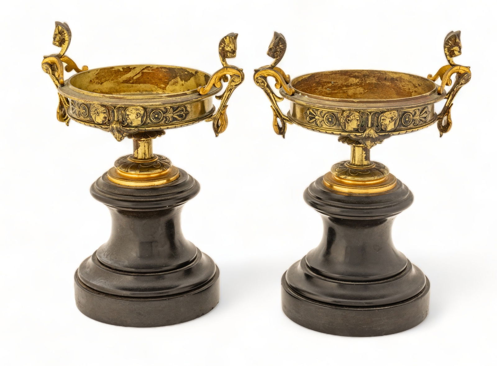 French Empire Bronze And Marble Tazzas Ca. 1840, H 11.5" W 9.5" 1 Pair (1 of 6)