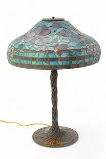 Tiffany Style Art Glass Lamp, "Peony", H 25.5" Dia. 20": Tiffany Style Art Glass Lamp, "Peony", H 25.5" Dia. 20" | a well executed reproduction shade with reproduction twisted root base. Deceptive Tiffany branding on shade and base. Provenance: Property fro