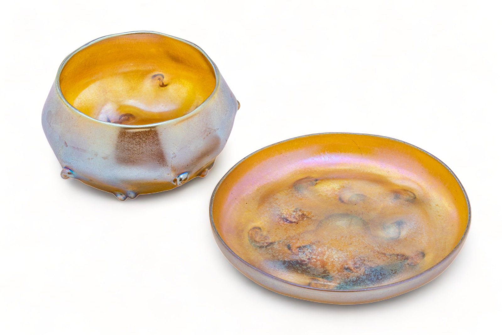 Tiffany Studios (American, 1878-1938) Gold Favrile Bowl And Underplate: Tiffany Studios (American, 1878-1938) Gold Favrile Bowl And Underplate | Gold favrile bowl with raised design of swirling prunts. Dia 4.5", H 2.25". Matching gold Favrile underplate with raised design