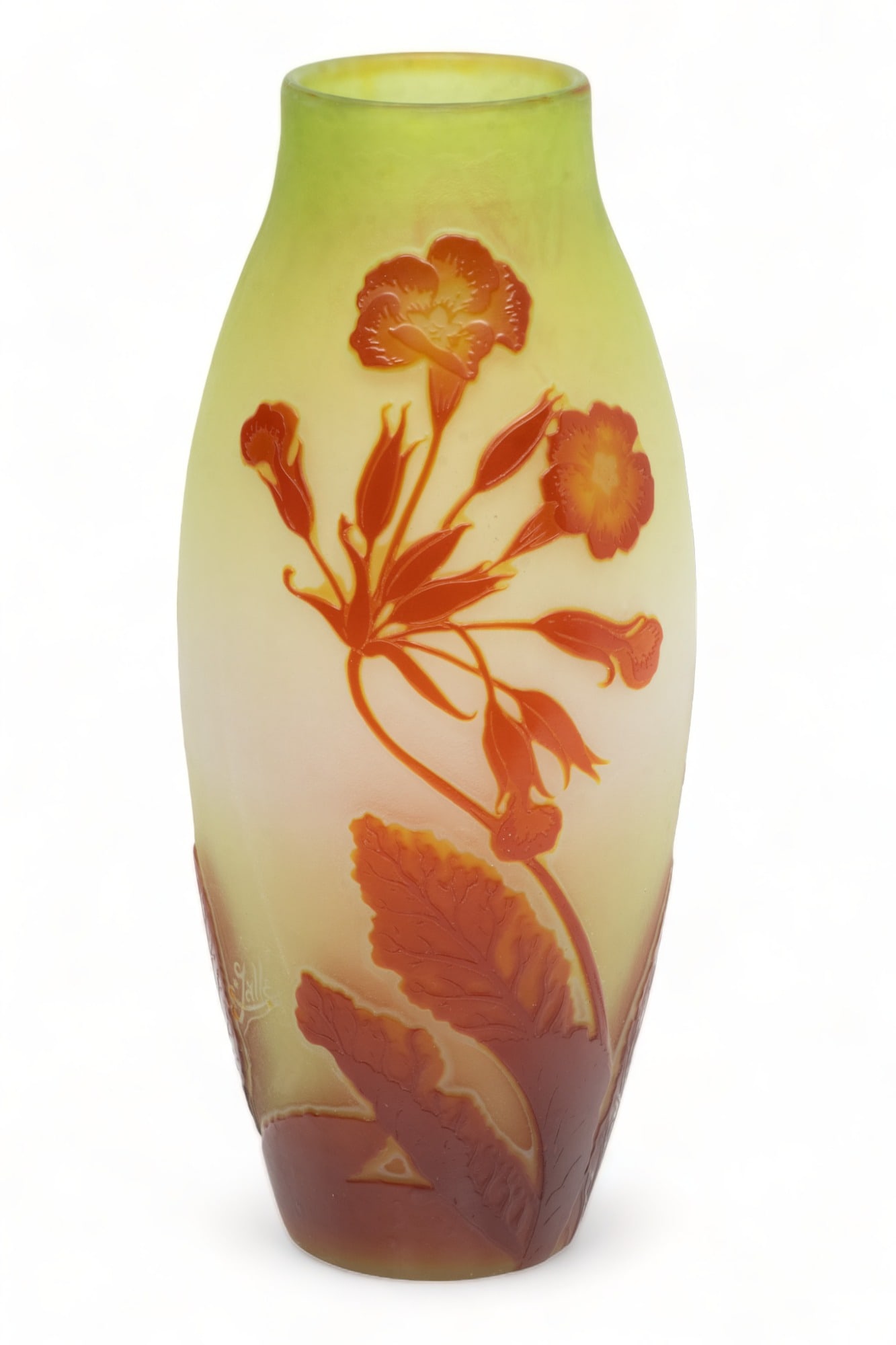 After Galle Signed Carved Overlay Glass Vase, Morning Glories H 13" Dia. 5" (1 of 5)