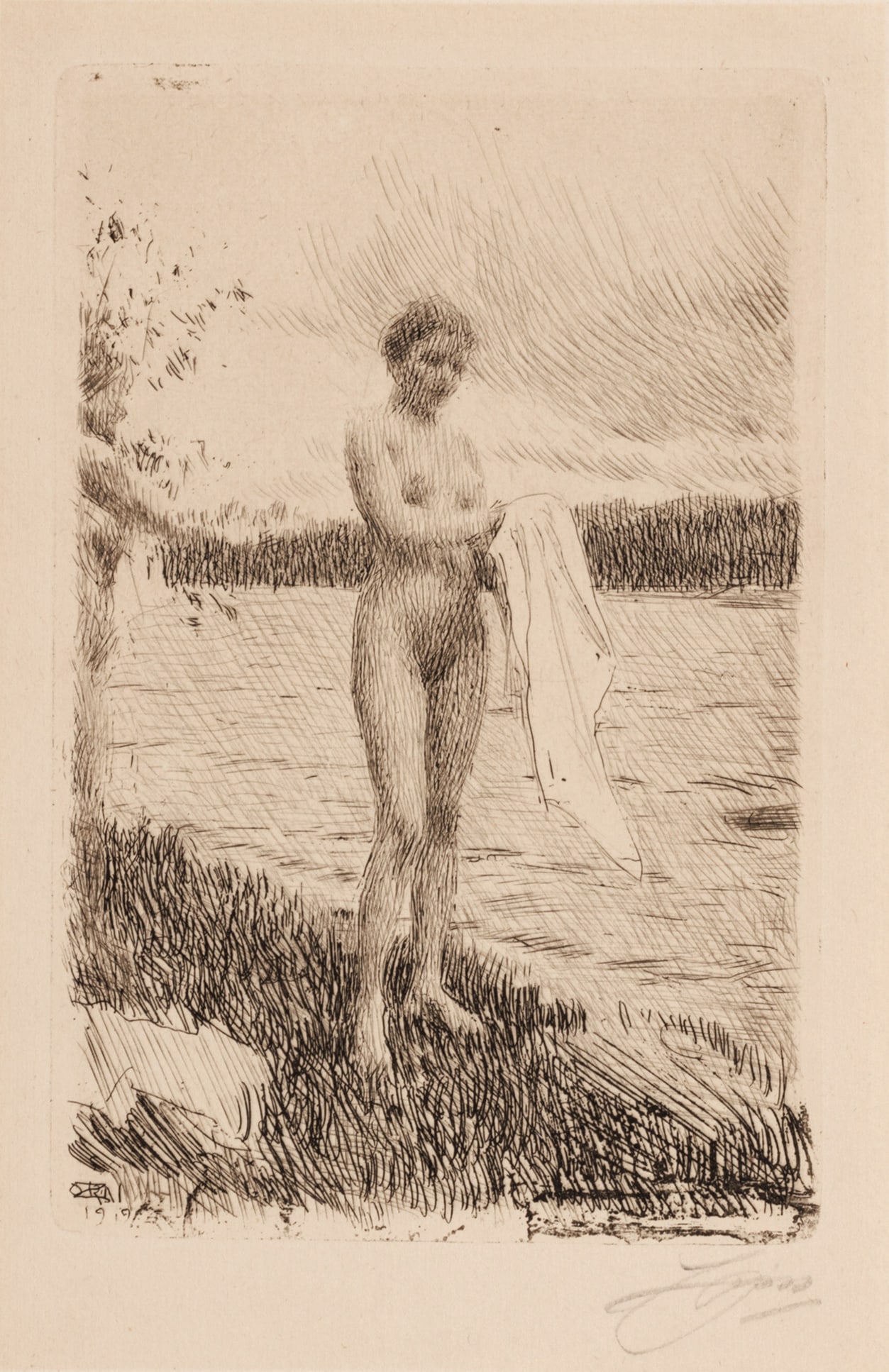 Anders Zorn (Swedish, 1860-1920) Etching on Cream Laid Paper, 1919, Dal River, H 7.1" W 4.5" (1 of 5)