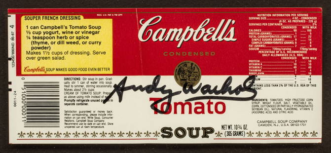 Andy Warhol (American, 1928-1987) Campbell's Soup Label, H 3.75" W 8.5": Andy Warhol (American, 1928-1987) Campbell's Soup Label, H 3.75" W 8.5" | Signed in marker center. Floated in frame under glass H 13.375", W 18.125".