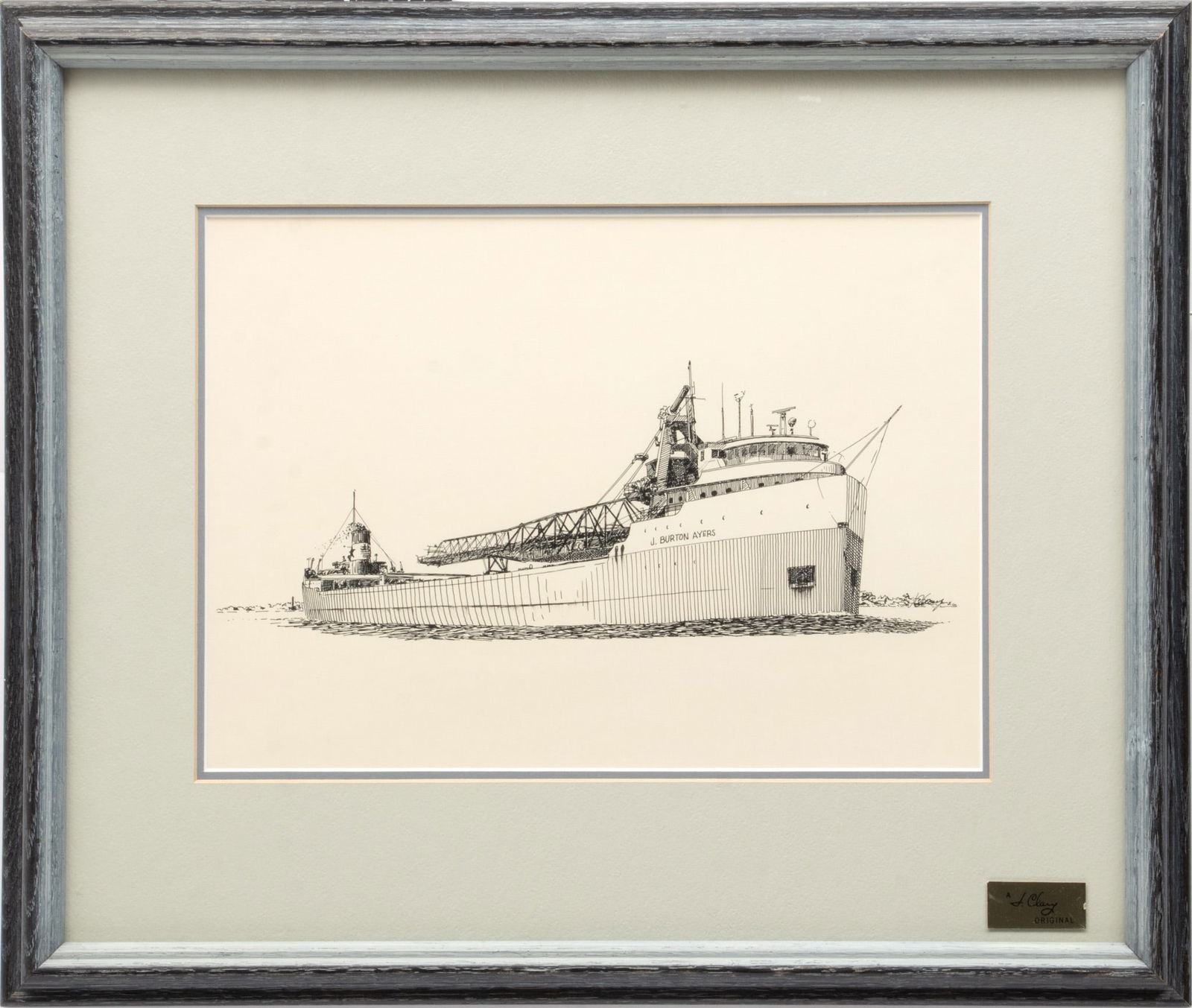Jim Clary (American, 1939-2018) Ink Sketch on Paper, Ca. 1970s, the Great Lakes Freighter J. Burton: Jim Clary (American, 1939-2018) Ink Sketch on Paper, Ca. 1970s, the Great Lakes Freighter J. Burton Ayers, H 9.5" W 12.5" | Signed in the center right. Ink sketch of the Great Lakes bulk freighter J.