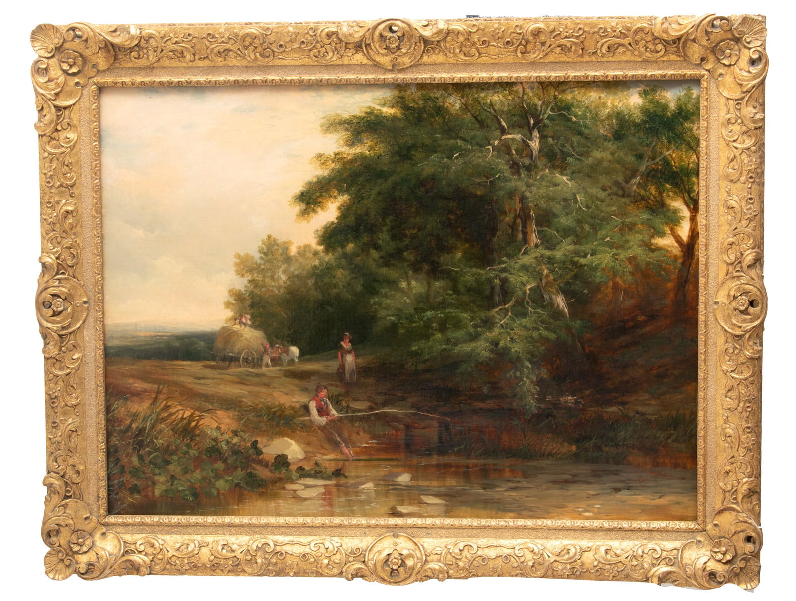 English Oil on Canvas, 19th C., "Boy Fishing", H 22.25" W 30" (1 of 3)