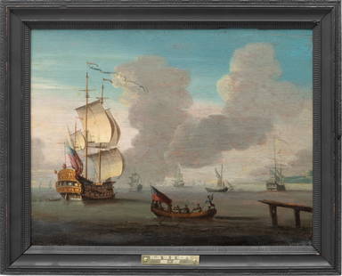 In the Manner of Willem Van De Velde the Younger (Dutch, 1633-1707) Oil on Wood Panel, Ca. 1860, "A: In the Manner of Willem Van De Velde the Younger (Dutch, 1633-1707) Oil on Wood Panel, Ca. 1860, "A Ship of War", H 12" W 16" | Depicting a rowboat leaving a pier for a ship of war. Unsigned. Verso ha