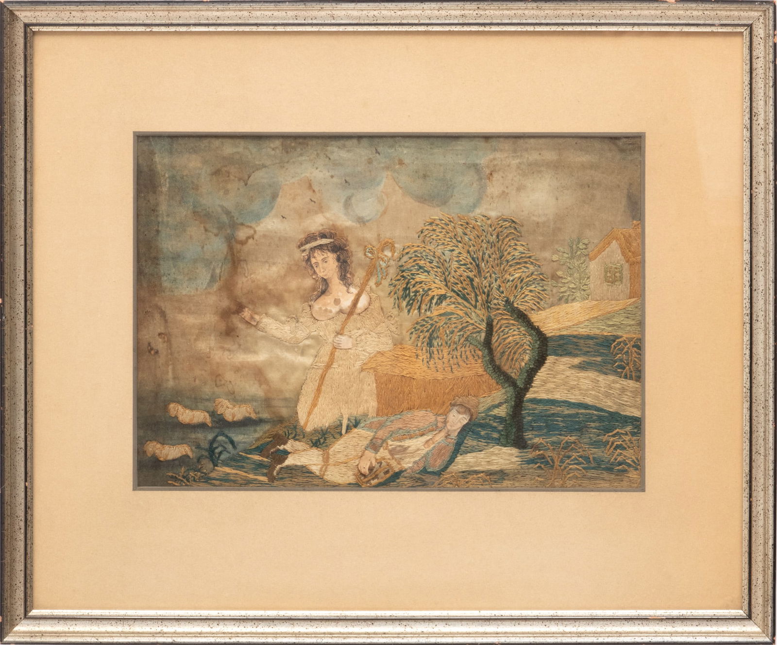 Stumpwork And Watercolor on Linen, Ca. 18th Century, "Shepherdess And Shepherd with Flock,", H 8.5": Stumpwork And Watercolor on Linen, Ca. 18th Century, "Shepherdess And Shepherd with Flock,", H 8.5" W 12.5" | Matted and framed under glass H 15.5", W 19".
