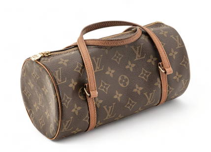 Louis Vuitton (French) Monogrammed Leather Barrel Handbag, H 5" W 10" Depth 5": Louis Vuitton (French) Monogrammed Leather Barrel Handbag, H 5" W 10" Depth 5" | This cylindrical bag features monogram print coated canvas, a monogram zipper, and Vachetta leather handles.