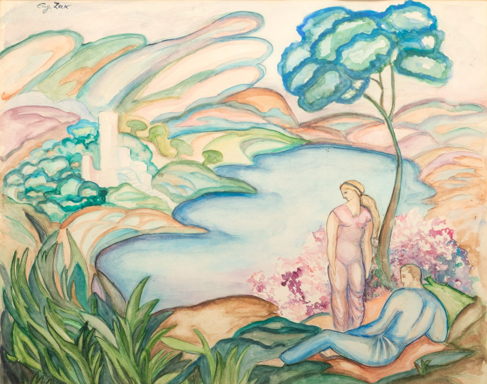Bearing Signature of Eugeniusz Zak (Polish, 1884-1926) Watercolor on Paper, 20th C., "Man & Woman by (1 of 4)